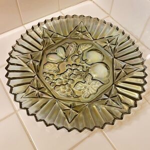Smoke iridescent carnival glass Federal Glass platter Pioneer Fruit design 10"